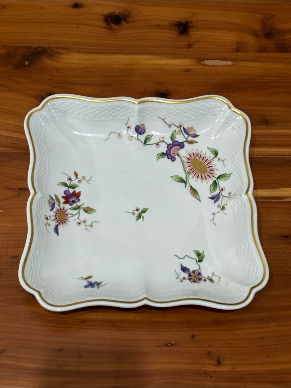 Richard Ginori White Porcelain Floral Square Serving Dish with Gold Trim